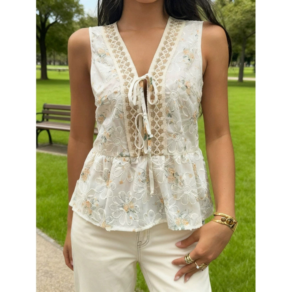 ZARA Bestselling Casual Loose Lace Blouse with Tie Neck Design